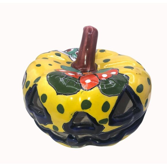 Mexican Talavera Ceramic Pumpkin Jack-O-Lantern Halloween Decor - Picture 6 of 7
